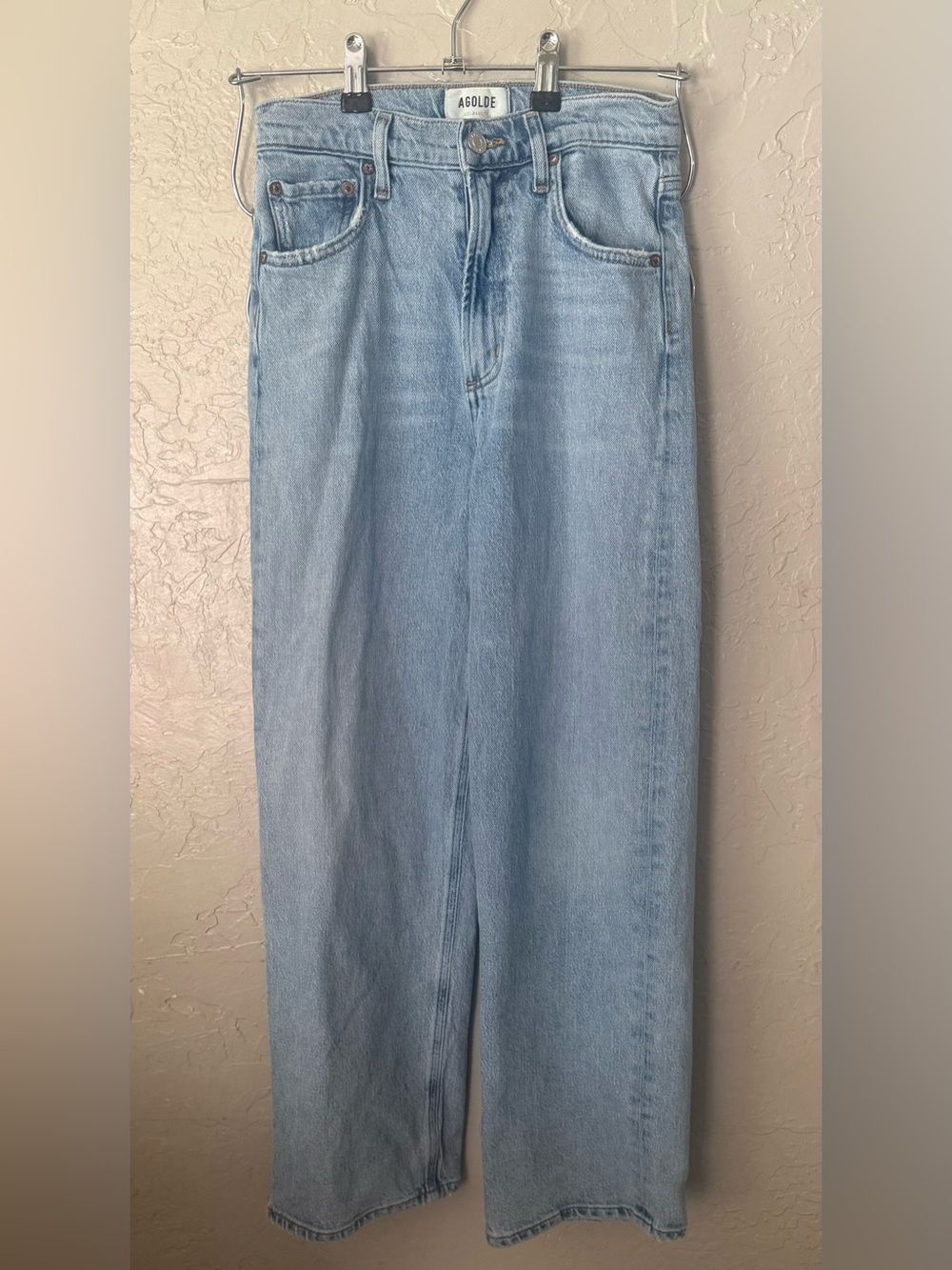 AGOLDE Ren Wide Leg Jeans Womens 24 Blue Light Wash High Rise Distressed Hem
